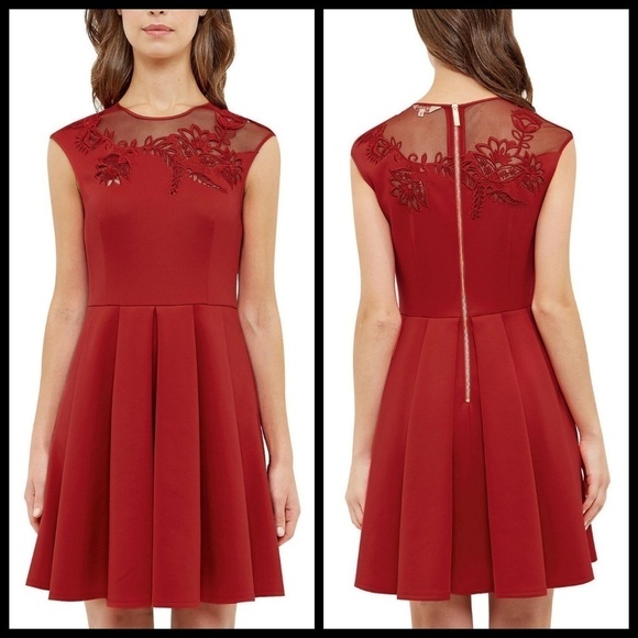 💕TED BAKER💕 Red Embroidered Mesh Cut Out Dress - Picture 6 of 8